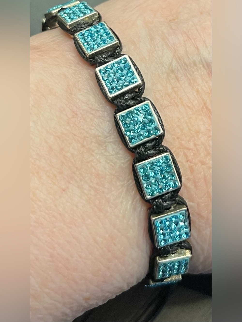 Title: Adjustable Square Pave Crystal Macrame Cord Bracelet - Turquoise/Teal Blu